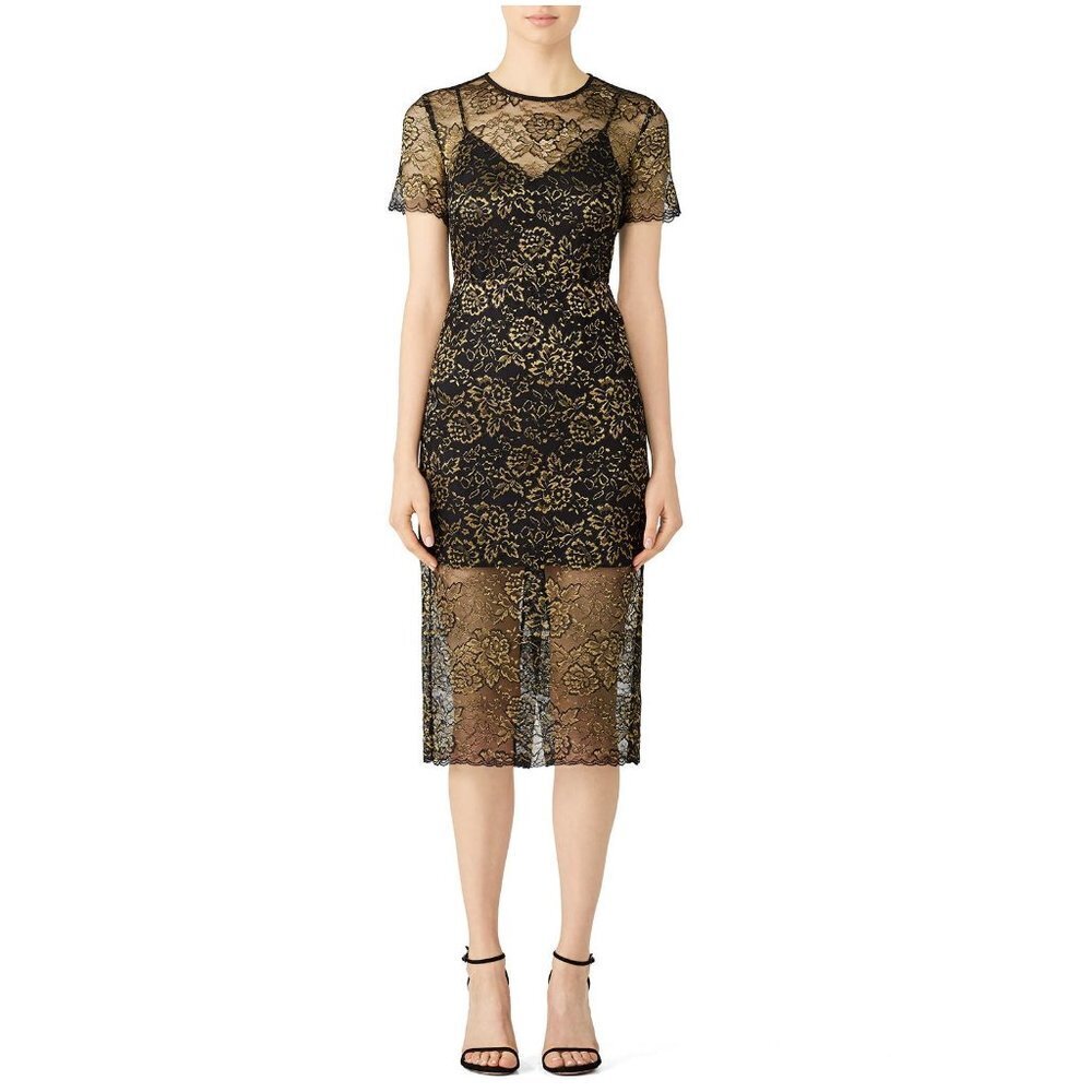 $468 Diane von Furstenberg Black Gold Sheath Dress Size 2